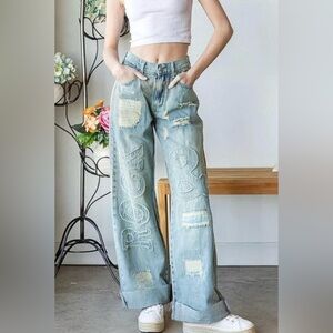 New Oli & Hali Denim Mineral Washed Rock and Roll Patch Cotton Jeans small 2